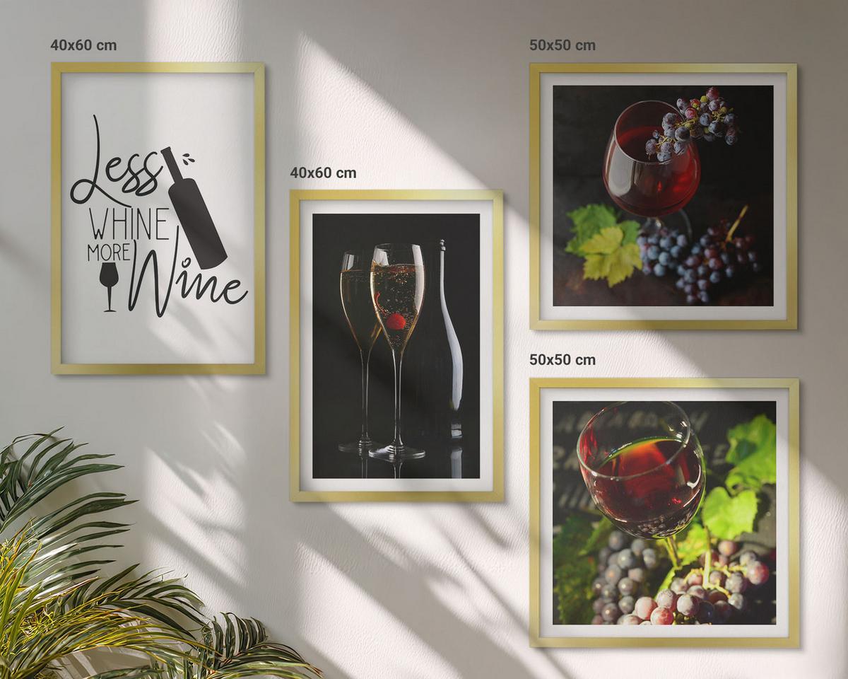 BILDER SET 4er Set - 50x50 cm & 40x60 cm Goldrahmen - Weingläser mit Trauben und Inschrift - Goldfarben, Kunststoff (50/50cm) - TULUP