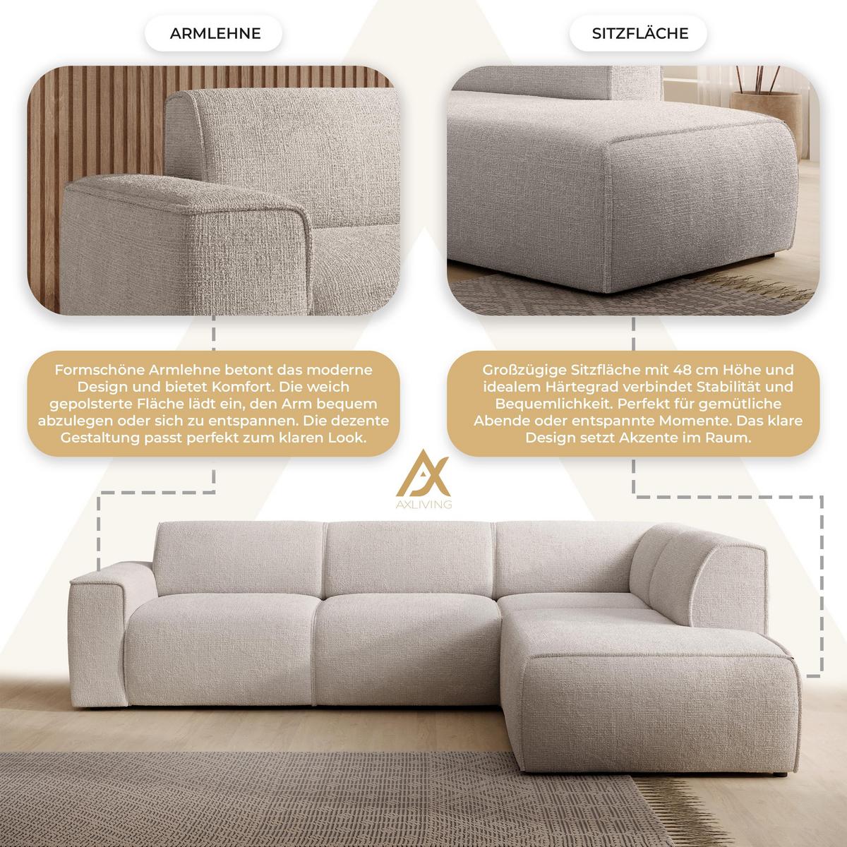 ECKSOFA L Form Didim Creme 292/220/78 cm – großes Sofa stilvoll & bequem R - Creme/Schwarz, Kunststoff/Textil (292/220cm) - AX Living
