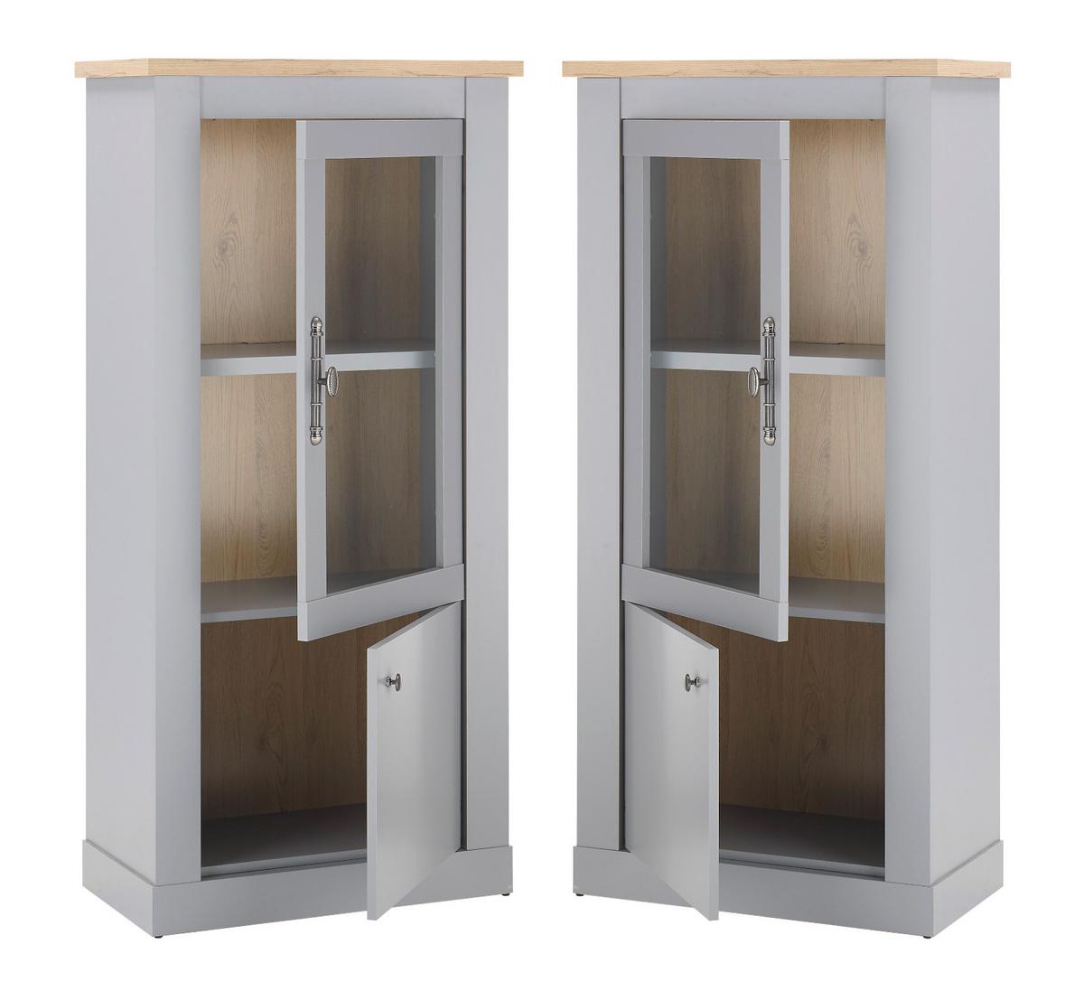 VITRINE grau, Artisan Eiche Landhaus 68 cm, Vitrinenschrank 2-türig - Silberfarben/Hellgrau, Glas/Holzwerkstoff (68/142/37cm) - Furn.Design