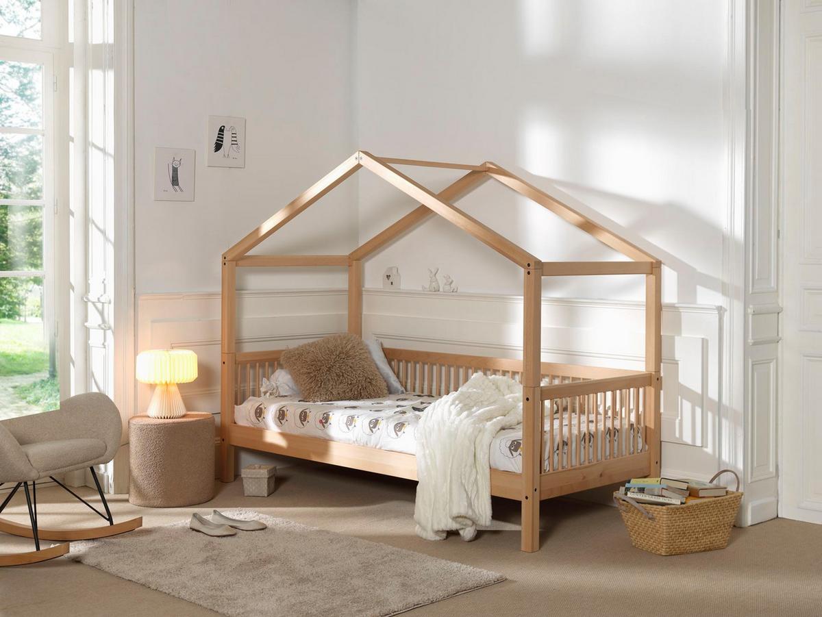 HAUSBETT Kelci 90x200 mit Umrandung und Dach Buche Massivholz natur - Buchefarben, Holz (90/200cm) - 58aufmkessel