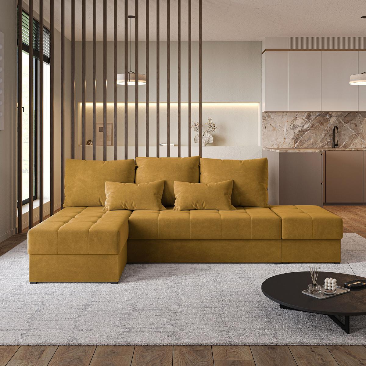 ECKSOFA NORVI Gelb Plüsch-Stoff mit Schlaffunktion - Gelb, Holz (251/143cm) - MASSENO