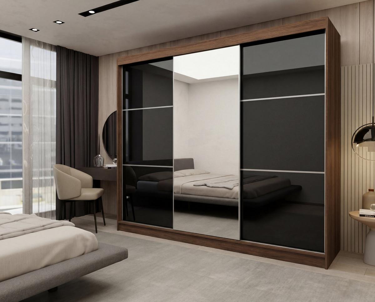 SCHWEBETÜRENSCHRANK VITALE 240/216/61 cm Modern Kleiderschrank 3-türig mit Spiegel Nussbaumfarben - Nussbaumfarben/Schwarz, Holzwerkstoff (240/216/61cm) - MASSENO