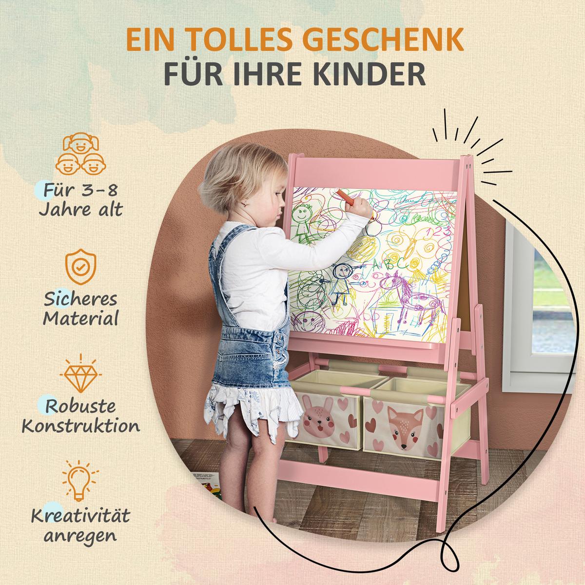 KINDERTAFEL, 3 in 1 Kinder Staffelei, Doppelseitige Standtafel mit Papierrolle - Rosa, Holzwerkstoff (46.5/93/54cm) - AIYAPLAY