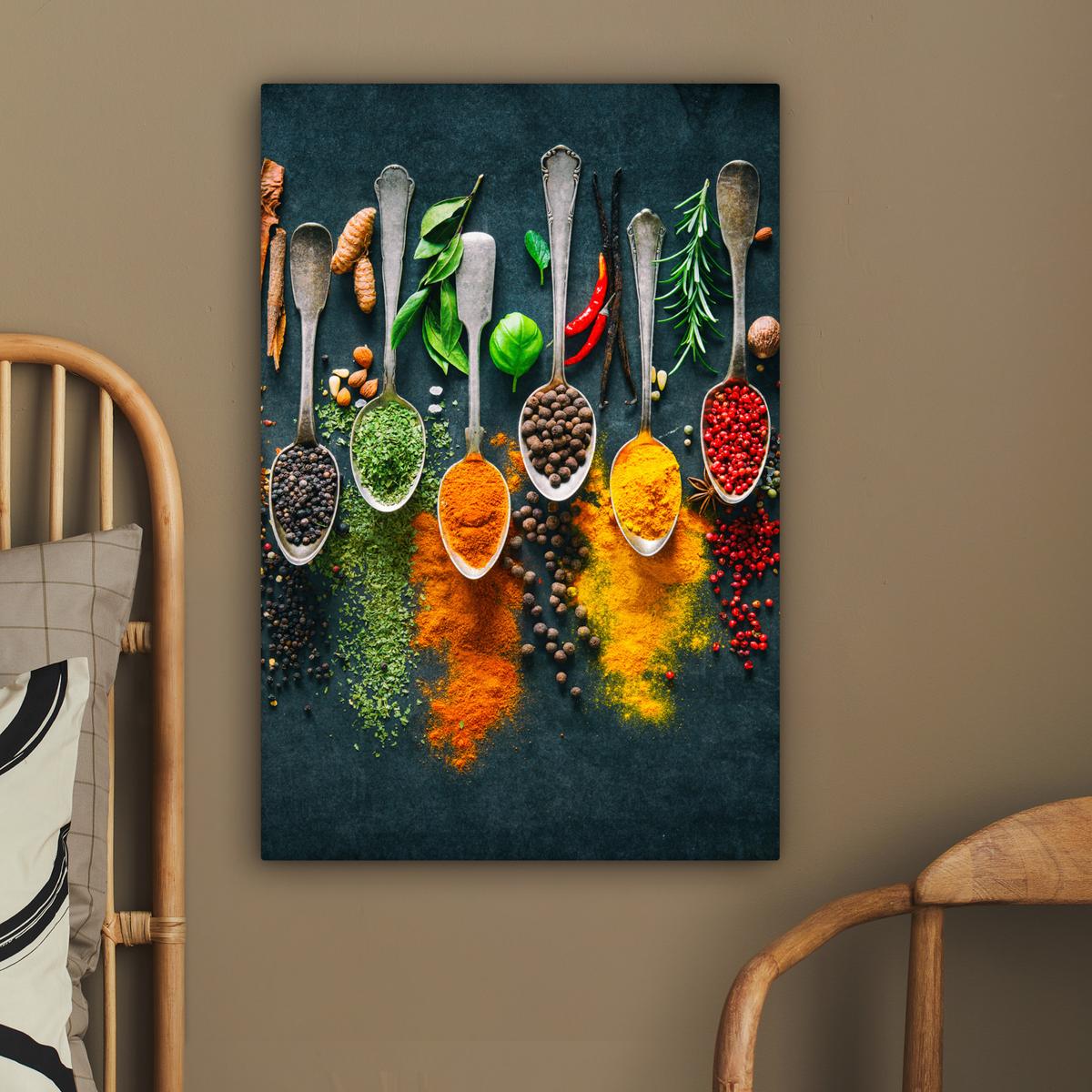 LEINWANDBILD Kräuter - Gewürze - Löffel Wanddeko Schlafzimmer 60x90 cm - Currygelb, Textil (60/90cm) - MuchoWow