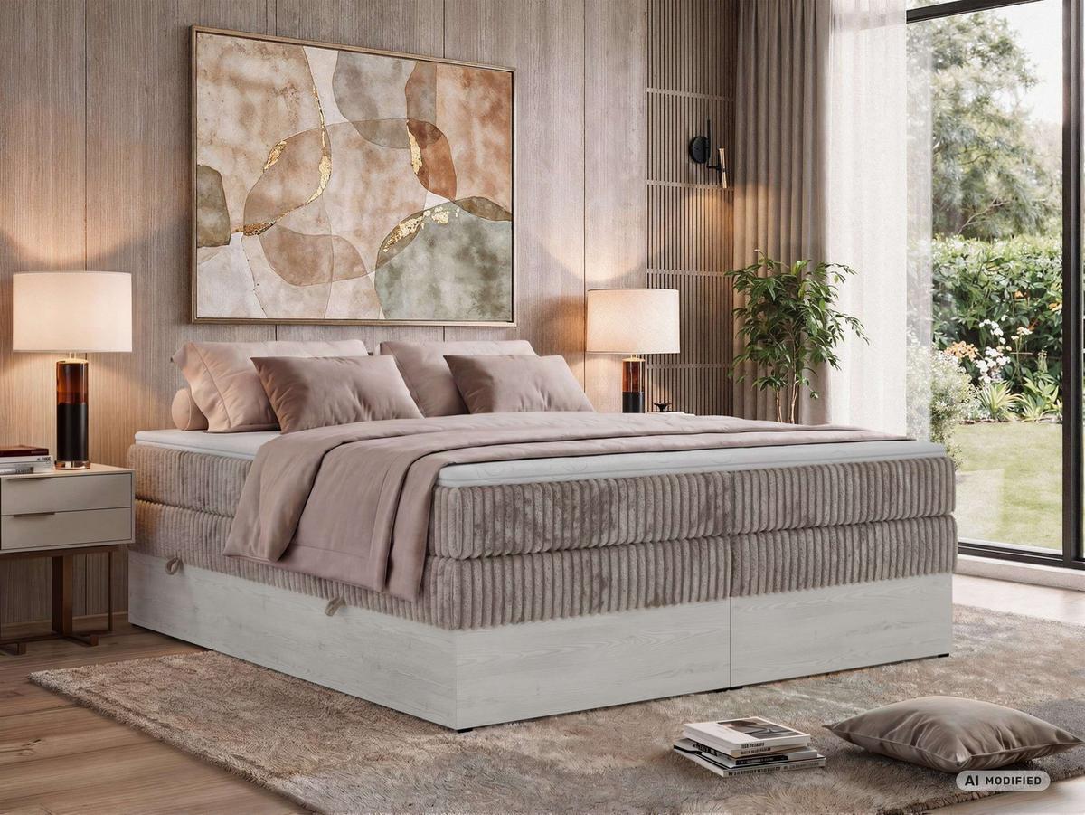 BOXSPRINGBETT NORDIC ZERO KING 180/200 - Hellbraun Cord - Topper Visco - H3 - Hellbraun/Schwarz, Kunststoff/Textil (180/200cm) - MKS