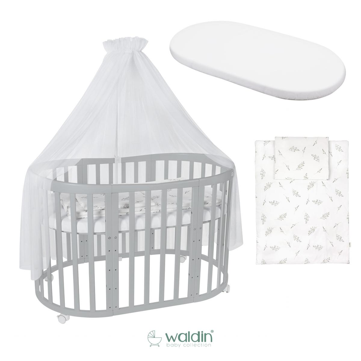 BABYBETT GREY OVAL 7in1 mit Matratze und Himmelset - Weiß/Grau, Holz/Textil (73/125cm) - waldin