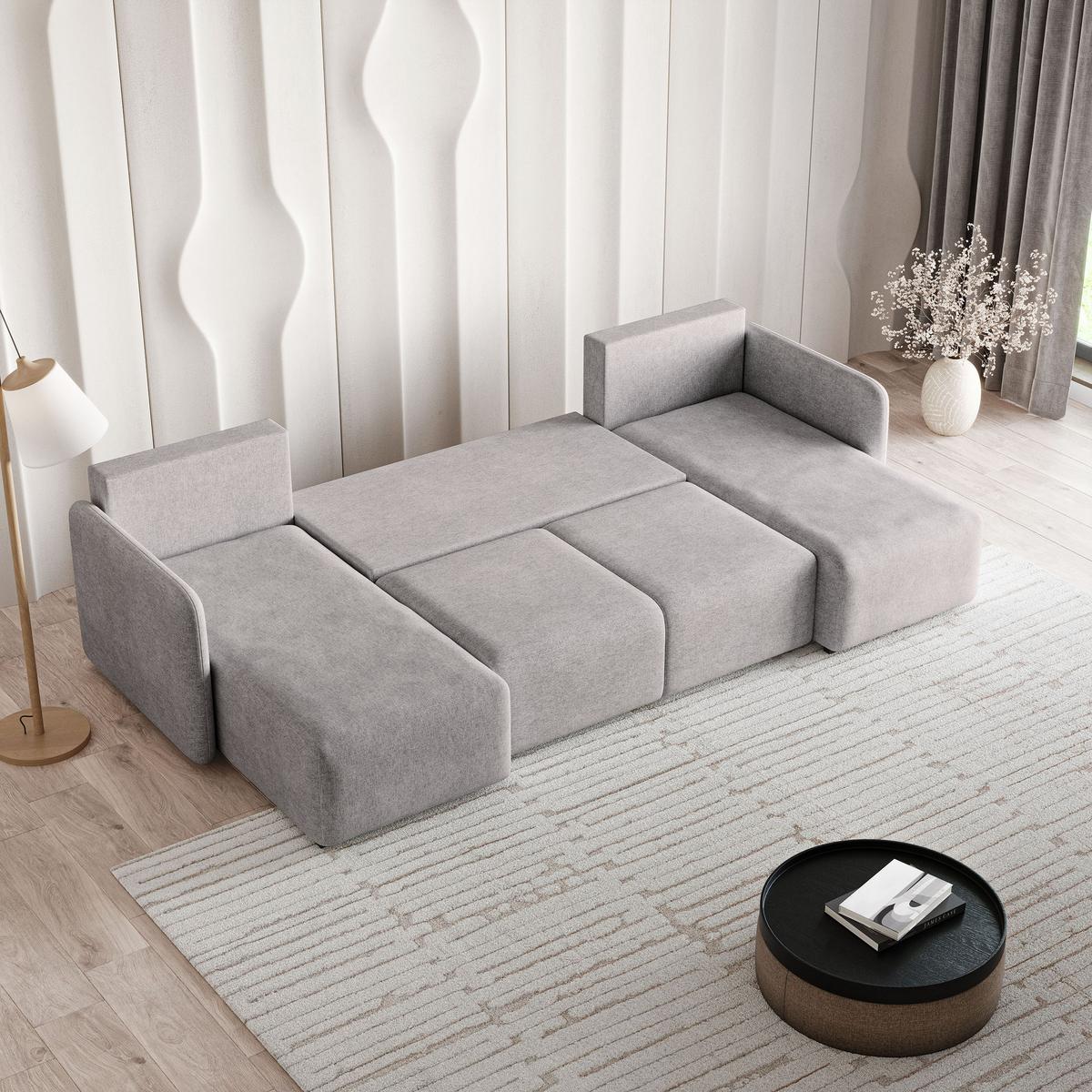 WOHNLANDSCHAFT NUBERO Hellgrau Geflochtener Stoff mit Schlaffunktion - Hellgrau, Holz (285/85/143cm) - MASSENO