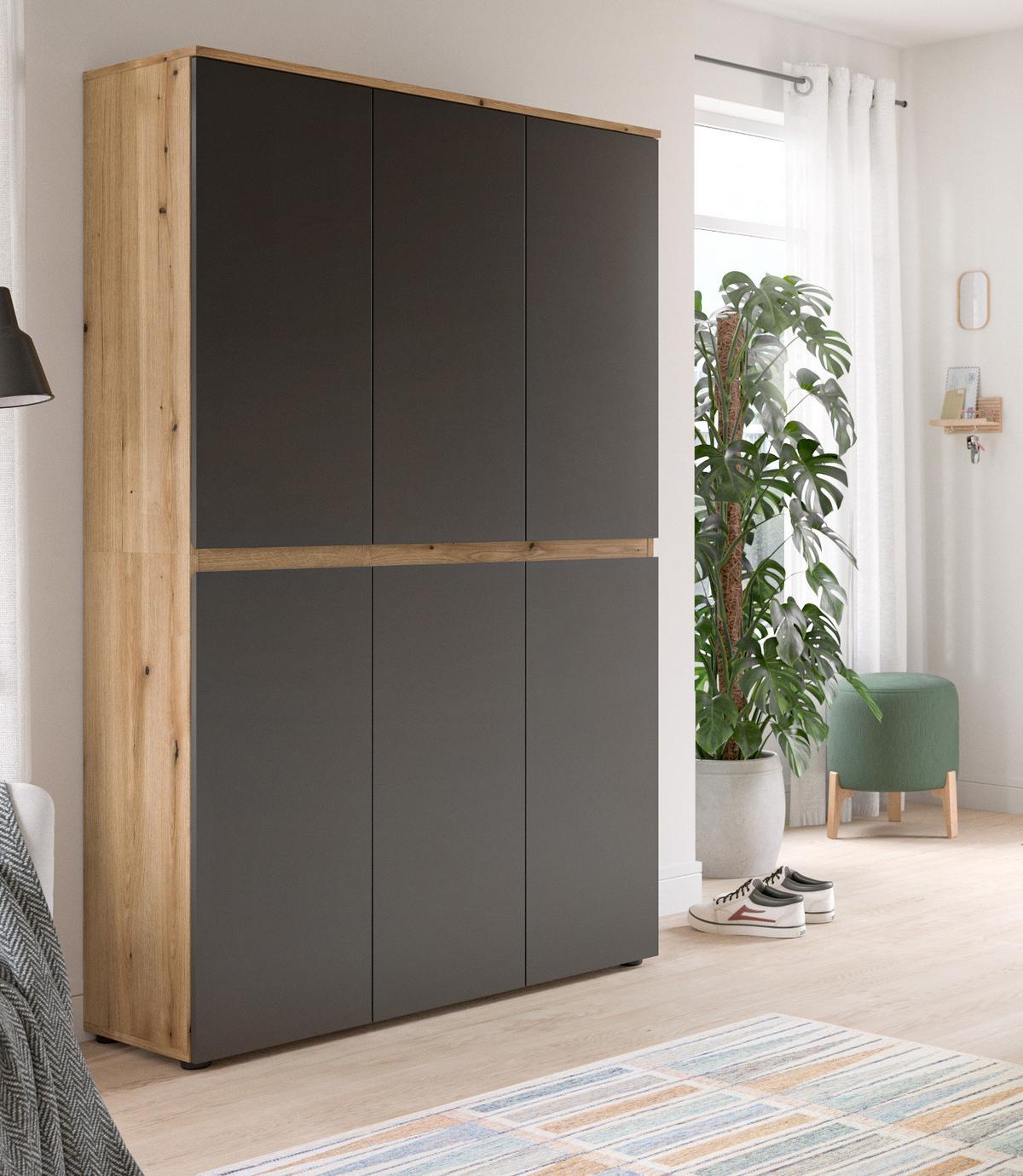 MEHRZWECKSCHRANK grau, Evoke Eiche 105 x 175 cm, Stauraumschrank 6-türig mit 18 Fächern - Eichefarben/Schwarz, Holzwerkstoff/Kunststoff (105/175/37cm) - Inn.Furn