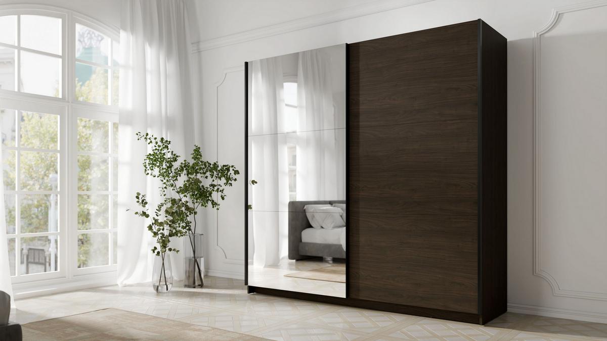 SCHWEBETÜRENSCHRANK BELDEN 150,6/207/55,3cm 2-türig mit Spiegel Nussbaumfarben - Nussbaumfarben, Holzwerkstoff (150.6/207/55.3cm) - MASSENO
