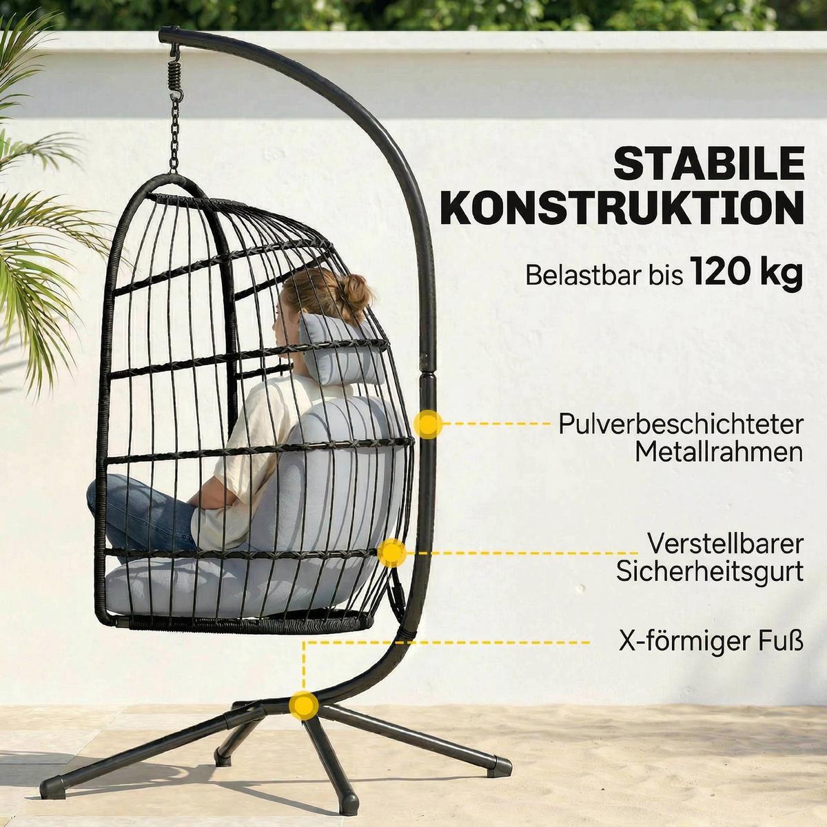 HÄNGESESSEL Metall PE-Rattan Hellgrau - Hellgrau/Schwarz, Textil/Metall (101/196/105cm) - Outsunny