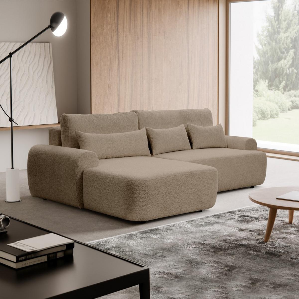 ECKSCHLAFSOFA Oliver im Bouclé-Gewebe, Hellbraun, links - Hellbraun/Schwarz, Textil (266/160cm) - Beautysofa