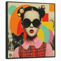 LEINWAND Bilder mit Rahmen - Mädchen - Sonnenbrille - Katze - Retro - 90x90 - Beige, Textil (90/90cm) - MuchoWow