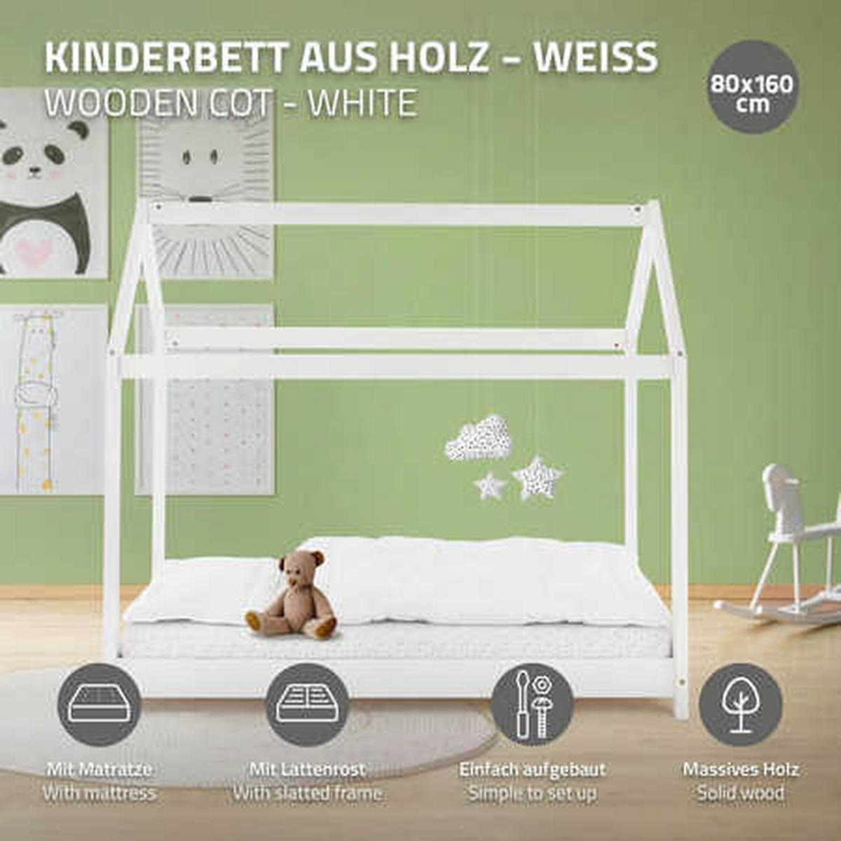 KINDERBETT mit Dach und Matratze 80x160 cm Weiß - Weiß, Holz (80/160cm) - ML-DESIGN