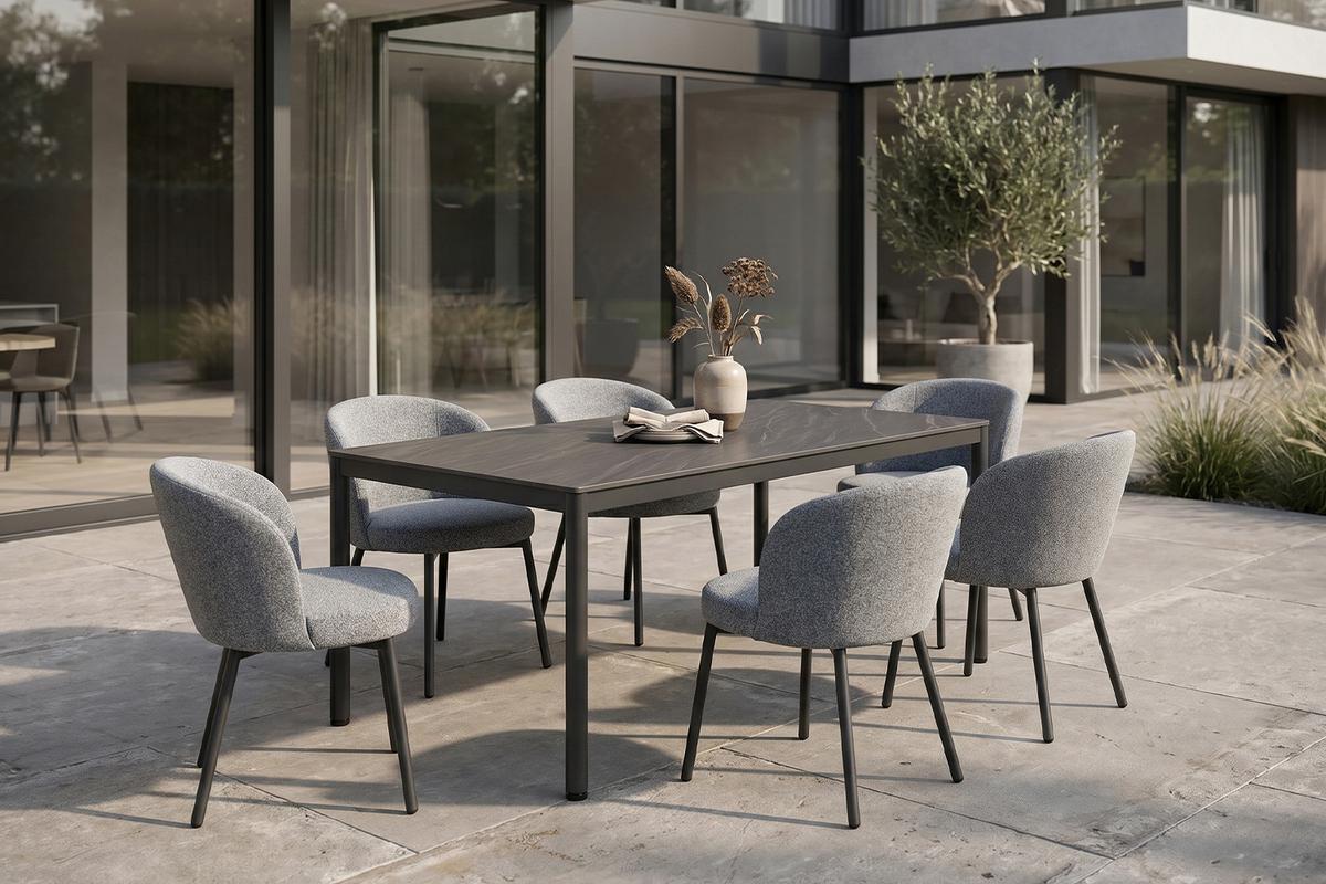 GARTEN-ESSGRUPPE INDUS 7ER SET Grau Keramik, Flachgewebe - Grau, Keramik - KAWOLA