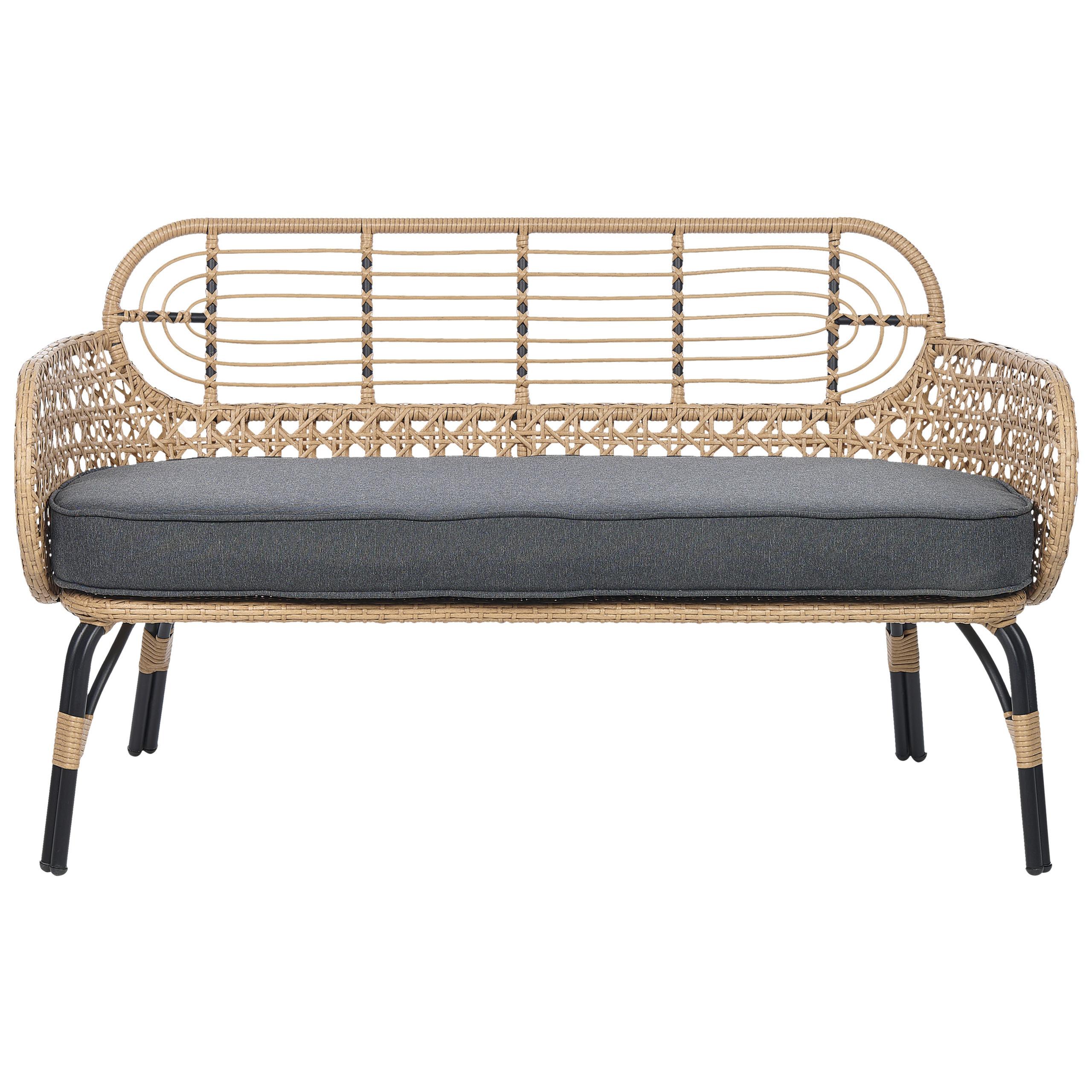 GARTENSOFA 2-Sitzer Rattan natürlich 122 cm Auflage graphitgrau Pratello - Beige/Schwarz, Kunststoff (122/79/59cm) - Beliani