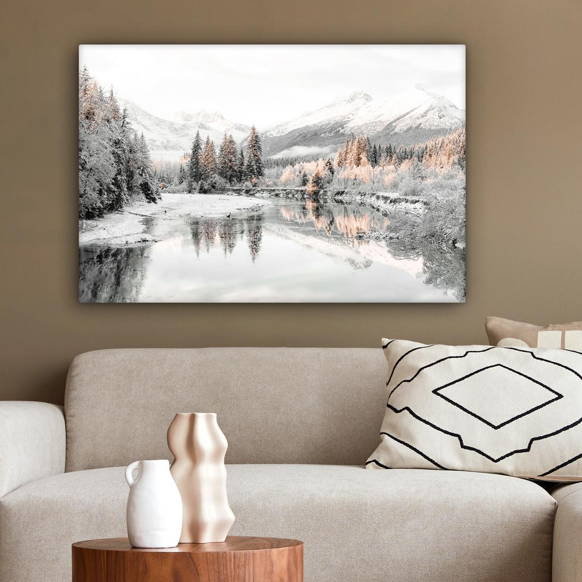 LEINWANDBILD Natur - Winter - Bäume - Berge - Schnee Gemälde 60x40 cm - Weiß Hochglanz, Textil (60/40cm) - MuchoWow