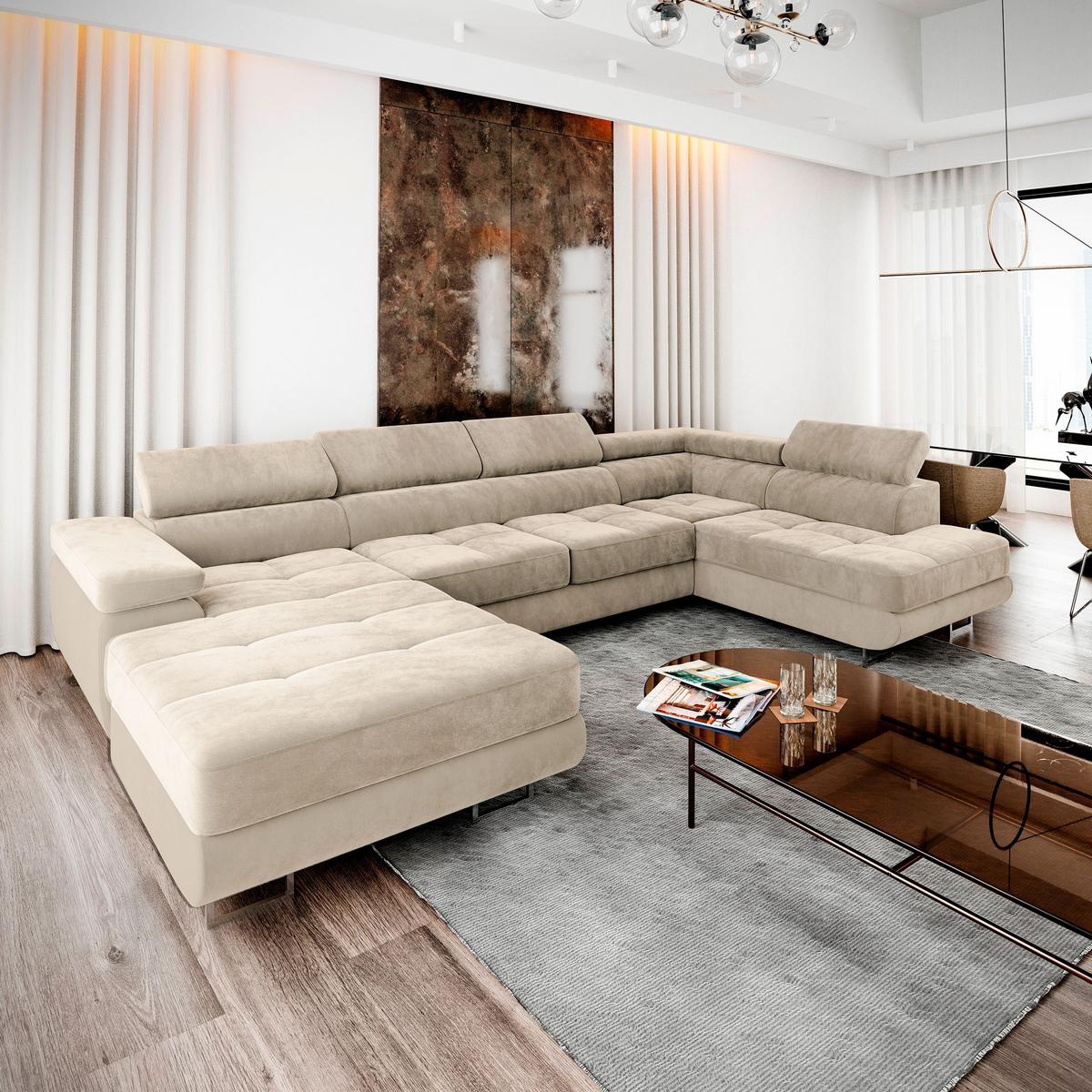 WOHNLANDSCHAFT CASONE R-S Creme Velours-Stoff mit Schlaffunktion - Silberfarben/Creme, Holz/Textil (345/90/202cm) - MASSENO