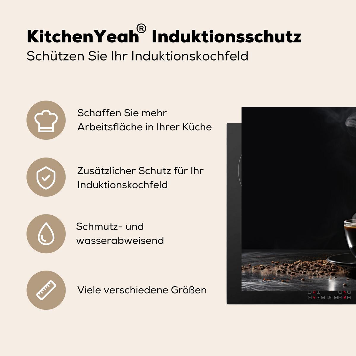 HERDABDECKPLATTE Kaffee - Schwarz - Bohnen - Heiß - Tasse Induktionsmatte 77x51 cm - Schwarz, Kunststoff (77/51/0.2cm) - MuchoWow