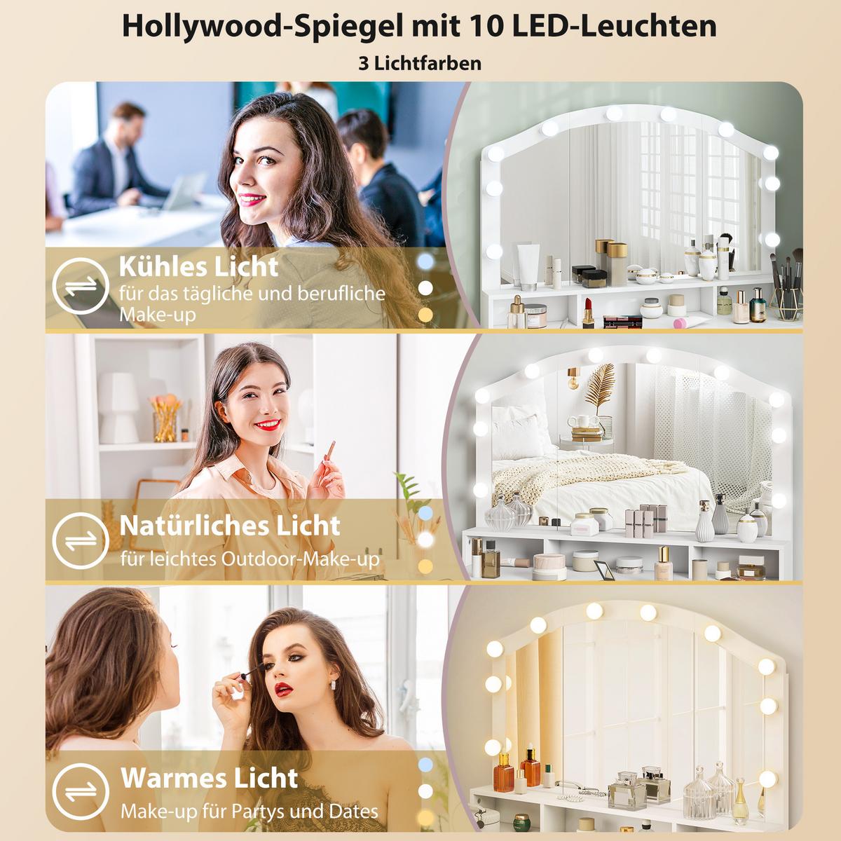 SCHMINKTISCH mit LED-Beleuchtung, 3 Lichtfarben, Spiegel, 7 Schubladen, Weiß - Weiß, Holzwerkstoff (40/150/110cm) - HOMCOM