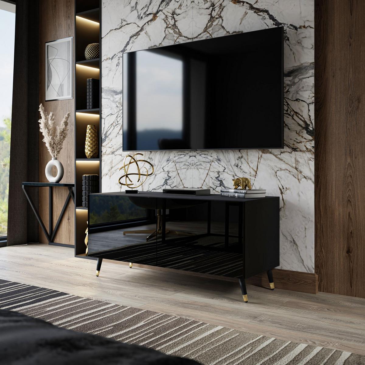 TV-ELEMENT AURA 100 Schwarz Hochglanz mit LED-Beleuchtung – Beinfarbe: Schwarz + Gold - Schwarz, Holzwerkstoff (100/48/40cm) - Lookway