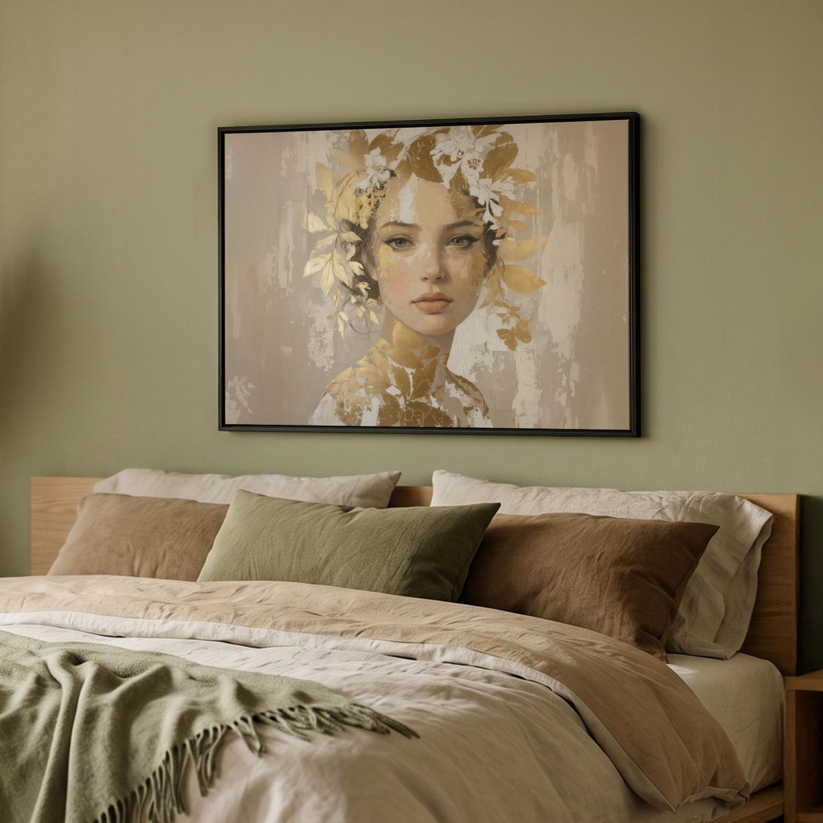 LEINWAND Bilder mit Rahmen - Gesicht - Frau - Blätter - Gold - 70x50 - Beige, Textil (70/50cm) - MuchoWow