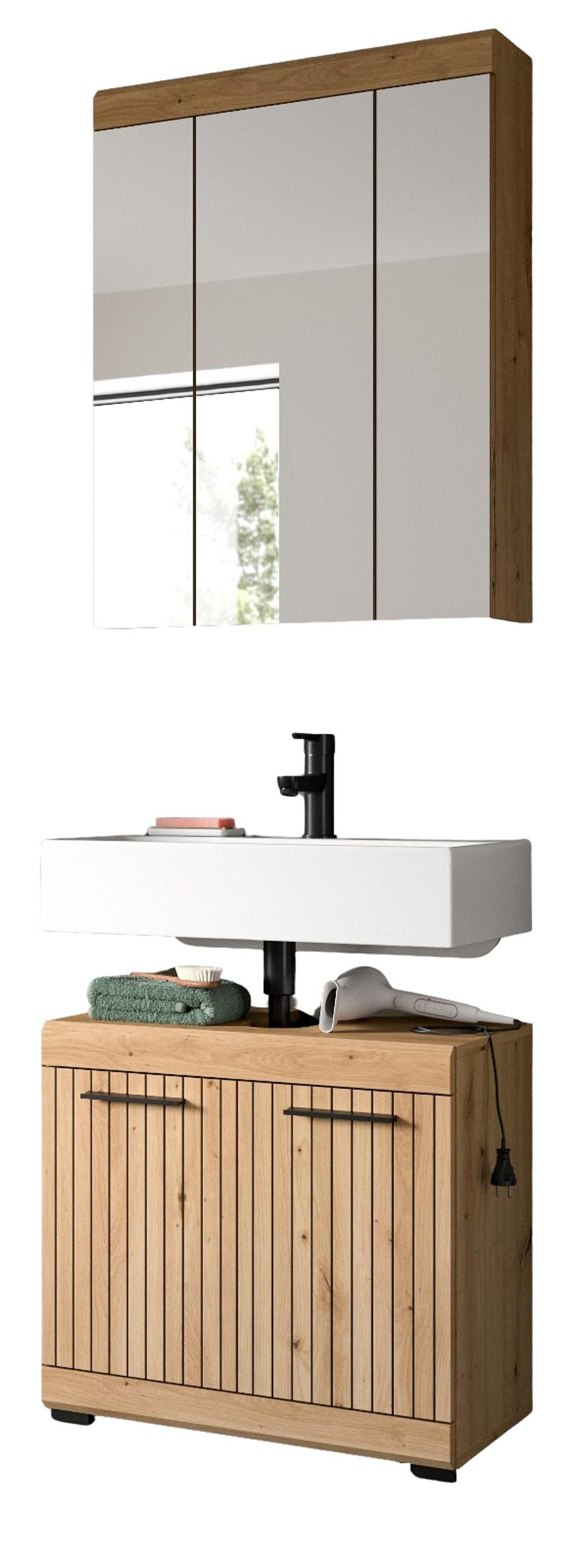 BADMÖBEL-SET 2-teilig Eiche Artisan 60 x 191 cm, Badkombination modernes Design - Schwarz/Eiche Artisan, Glas/Holzwerkstoff (60/191/34cm) - Inn.Furn