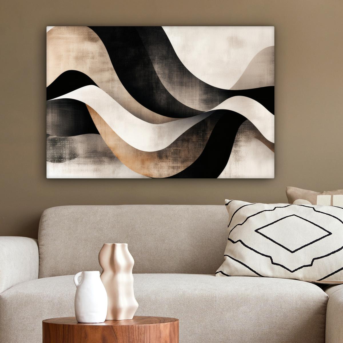 LEINWANDBILD Abstrakt - Wellen - Schwarz - Verwittert Gemälde 60x40 cm - Trüffeleichefarben, Textil (60/40cm) - MuchoWow