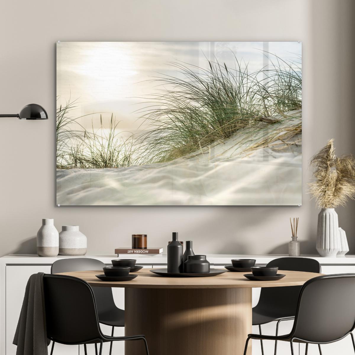 ACRYLGLASBILD Dünen mit Strandhafer in der Sonne des Nationalparks Schleswig-Holsteinisches Wattenmeer Wandbild Schlafzimmer 120x80 cm - Creme, Glas (120/80cm) - MuchoWow