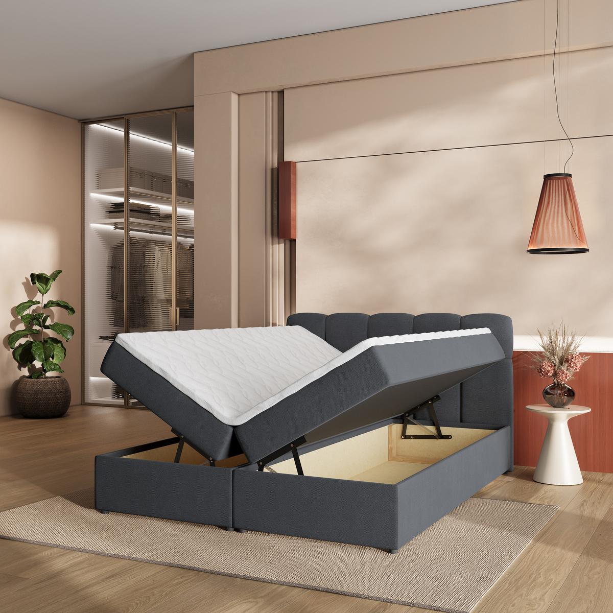 BOXBETT MERU 160x200 cm mit Matratze und Topper - Graphitfarben - Graphitfarben, Holz (160/200cm) - MASSENO