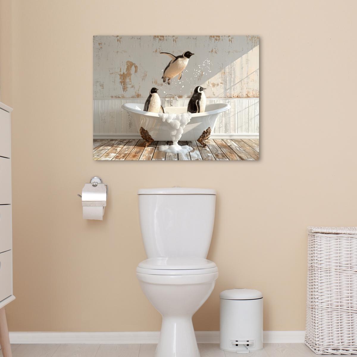LEINWANDBILD Vintage - Pinguin - Badewanne - Schaumstoff Wandbilder 80x60 cm - Schwarz, Textil (80/60cm) - MuchoWow