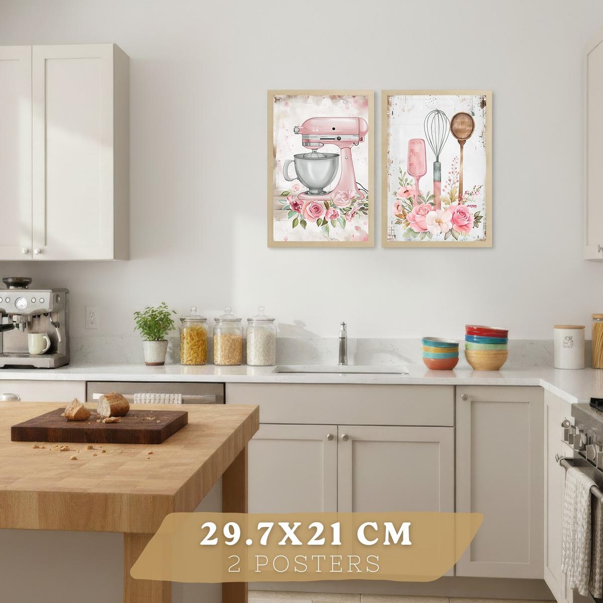 POSTER 4er Set Rosa Backkunst Wandbilder Küchenmaschine Torte Utensilien Blumen Shabby Chic Küche Deko Leichter Holzrahmen A4 - Beige, Papier (29.7/1/21cm) - Nacnic