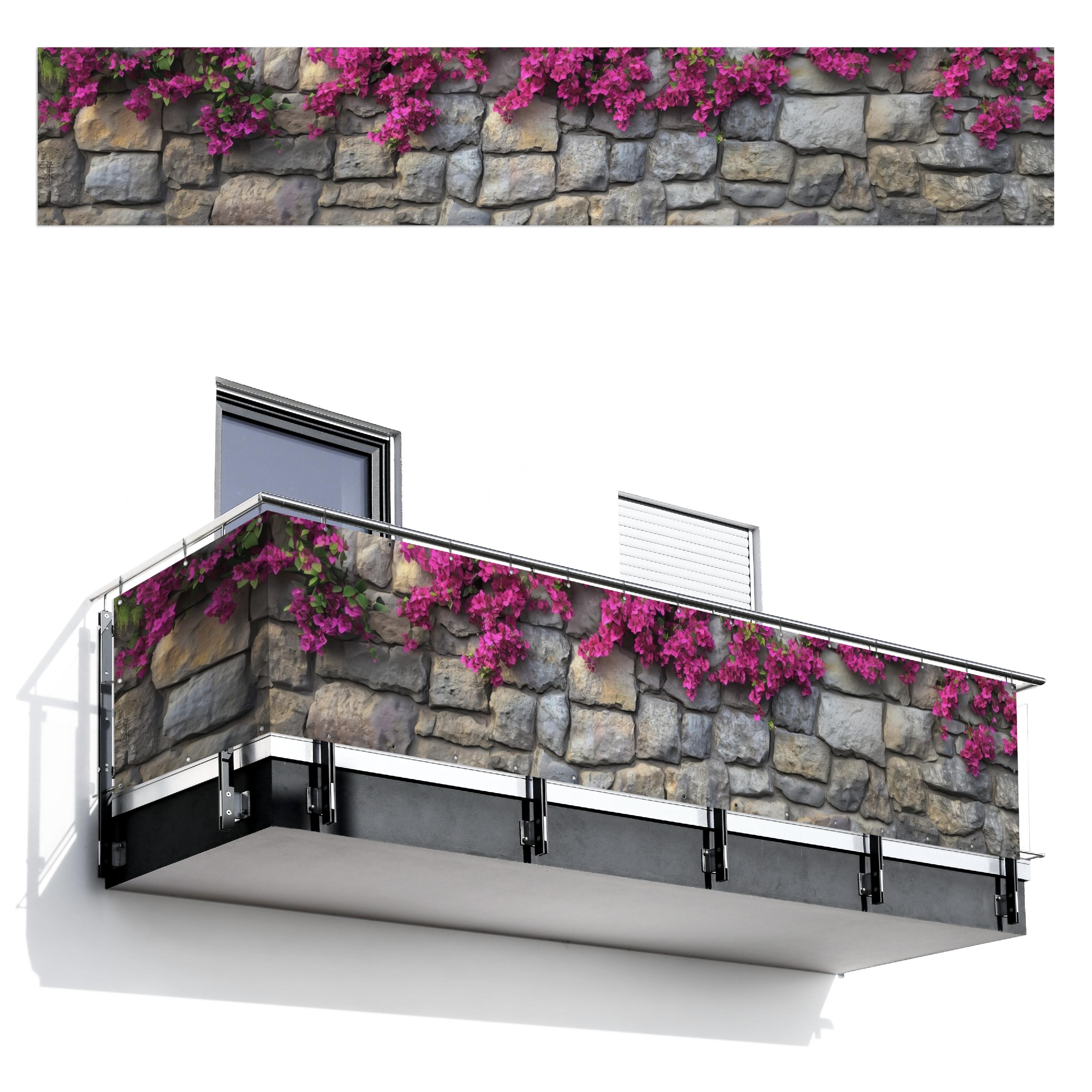 BALKON-SICHTSCHUTZ Bougainvillea - Steinmauer - Rosa Groß 500x90 cm - Magenta, Kunststoff (500/90cm) - MuchoWow