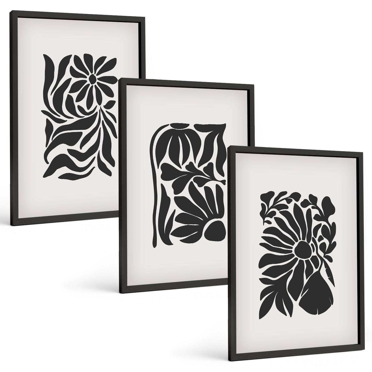 BILDER SET 3er Set - 40x60 cm Schwarzer Rahmen - Abstrakte Pflanzenmuster - Schwarz, Kunststoff (40/60cm) - TULUP