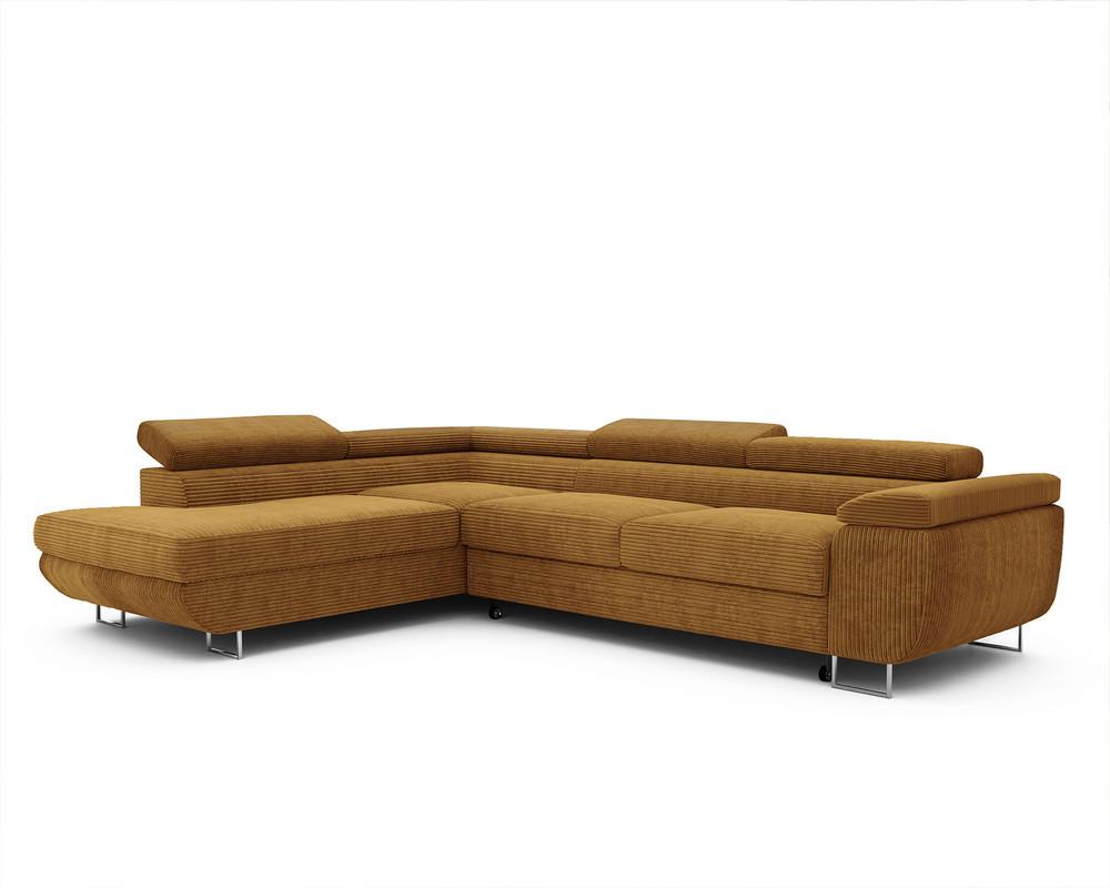 ECKSOFA ANTON links, mit Schlaffunktion und Bettkasten Senfgelb - Currygelb/Chromfarben, Textil/Metall (274/203cm) - Idohome