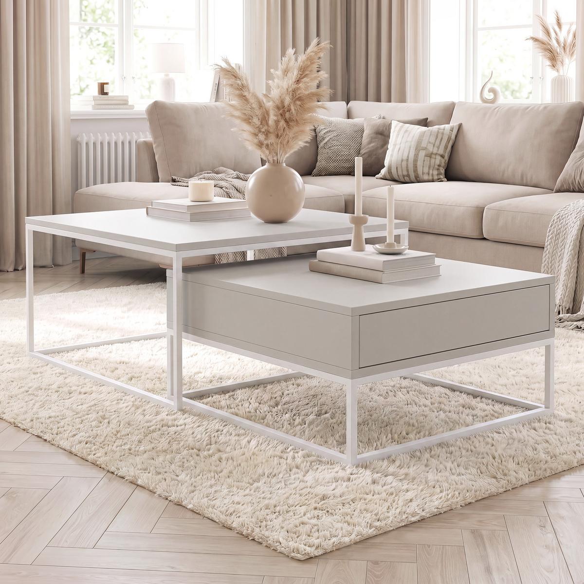 COUCHTISCH-SET ELEGANT 70/60 cm quadratischer, Weiß / Kaschmir - Kaschmir/Weiß, Holzwerkstoff/Metall (70/70/42cm) - Idohome