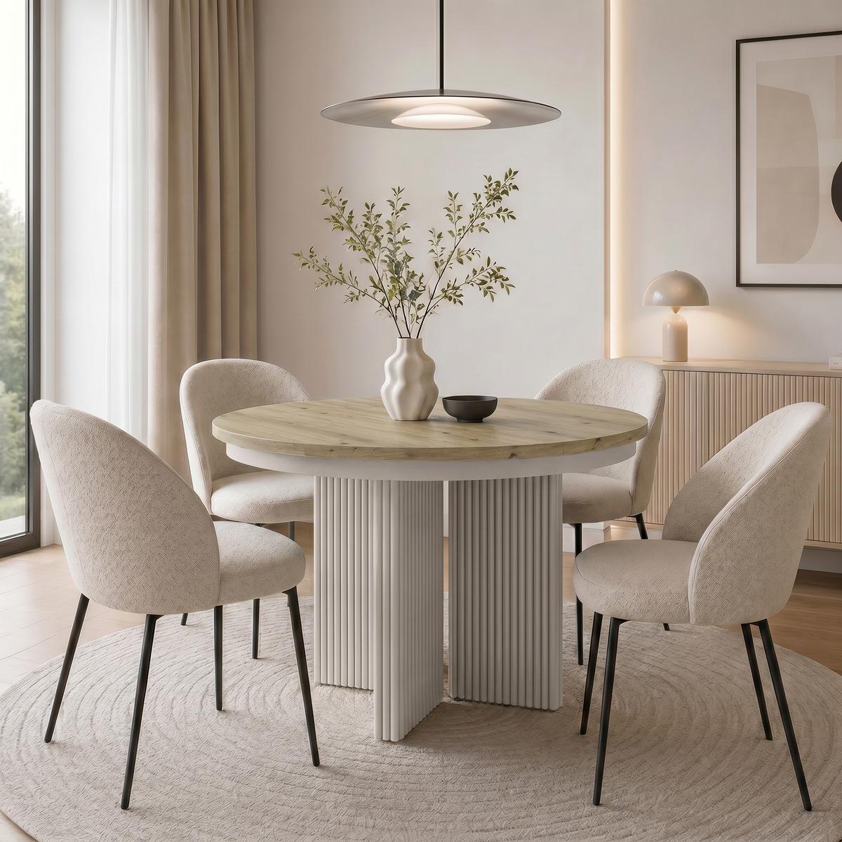 ESSTISCH Prestige runder Design-Tisch, ausziehbar Ø 100–180 cm, Eiche artisan+Kaschmir - Kaschmir/Eichefarben, Metall (100/100/77cm) - Beautysofa