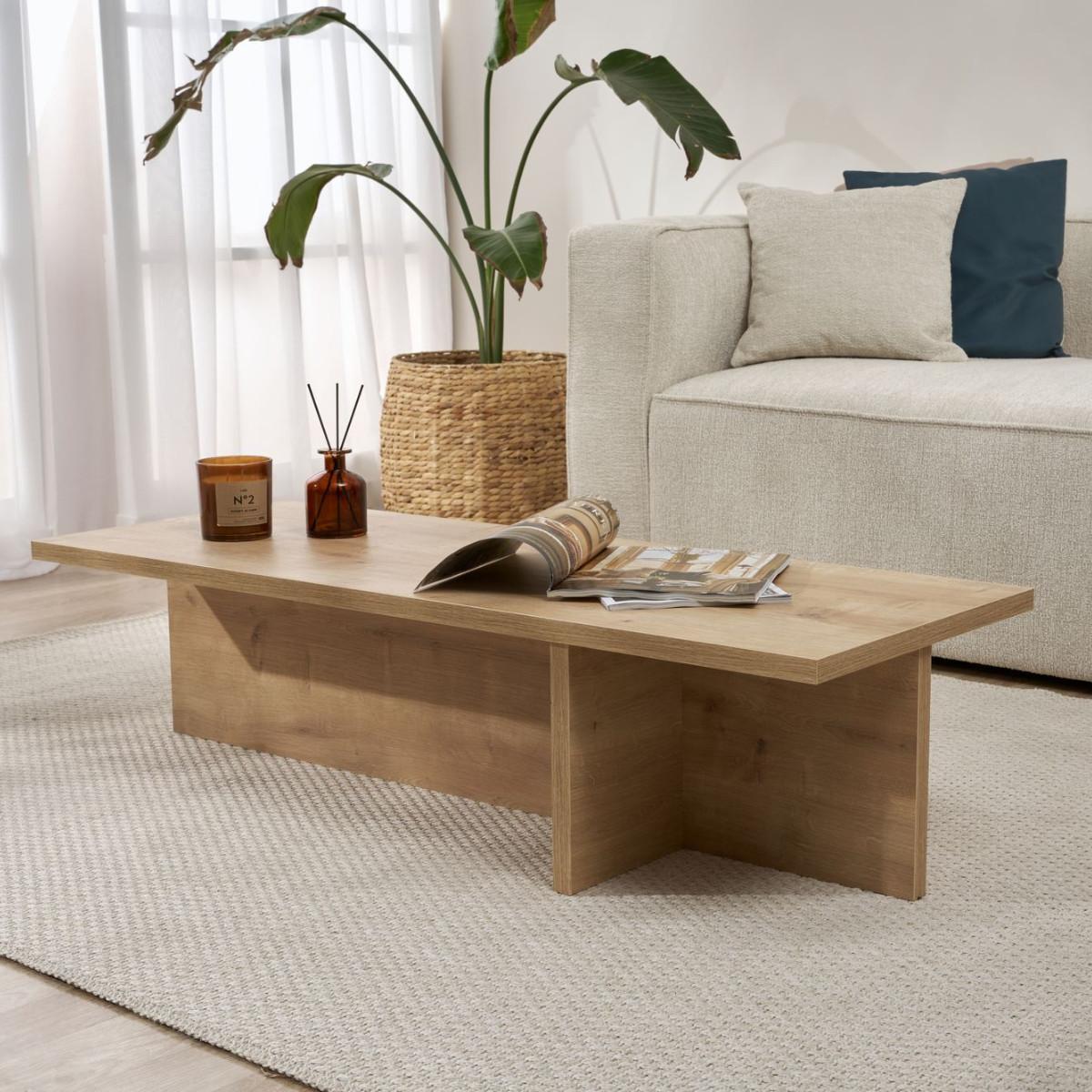 COUCHTISCH mit rechteckiger Platte und asymmetrischem Fuß L120 cm - HARBOR - Eichefarben, Holzwerkstoff (50/45/30cm) - Calicosy