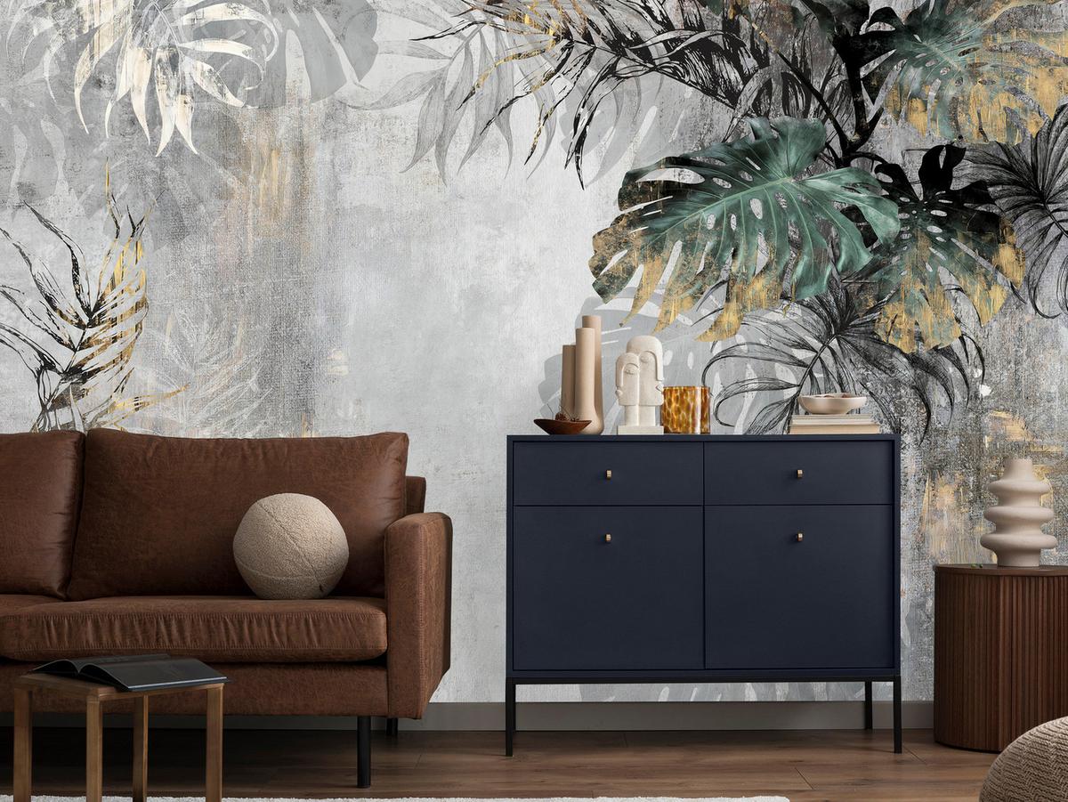 FOTOTAPETE Tropische Blätter auf Beton Vintage 400x280 - Gelb/Beige, Papier (400/280cm) - Muralo