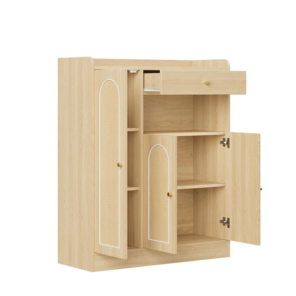 SCHUHSCHRANK in naturfarbener Eiche-Optik mit Rattantüren, 3 Türen & 1 Schublade - Naturfarben, Holzwerkstoff (90/110/35cm) - Urban Meuble