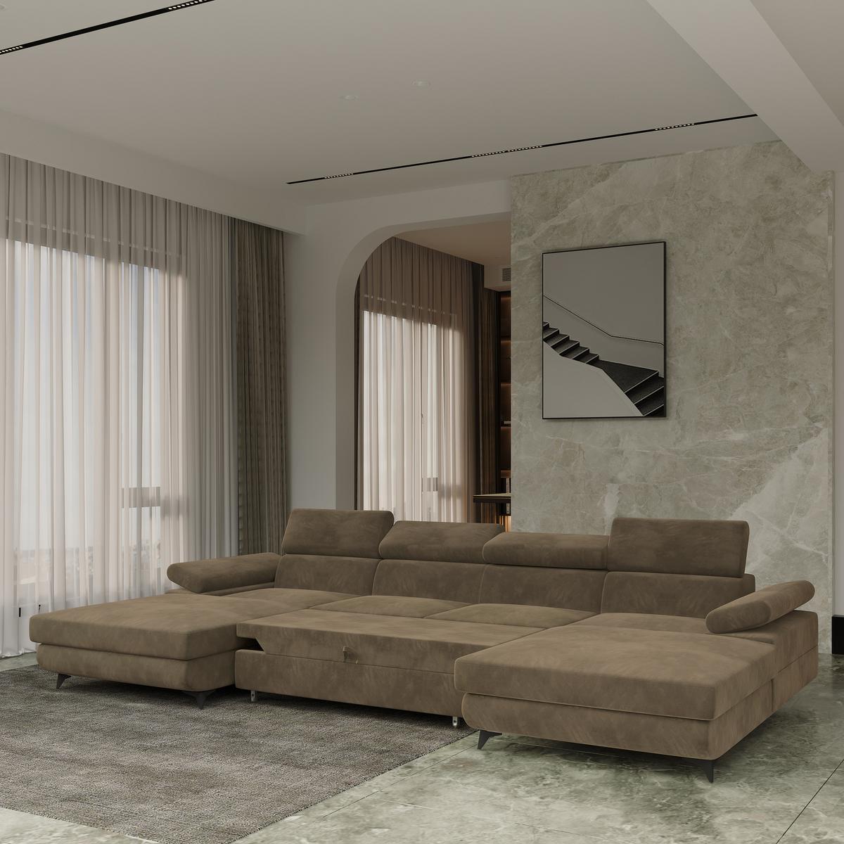 WOHNLANDSCHAFT DETTI Beige Velours-Stoff mit Schlaffunktion - Beige, Holz (339/89/190cm) - MASSENO