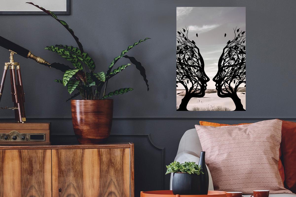 WANDTATTOO Strand - Meer - Menschen - Baum - Moderne Kunst Wandbild 40x60 cm - Hellgrau, Kunststoff (40/60/0.1cm) - MuchoWow