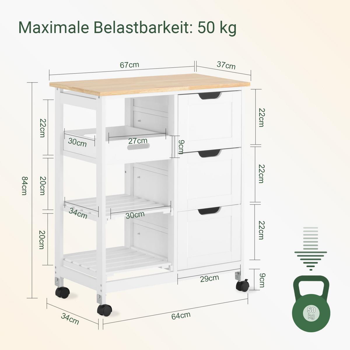 SERVIERWAGEN mit Rollen, Weiß, 68x85x38cm, bis 50kg - Weiß, Holzwerkstoff (68/85/38cm) - SoBuy
