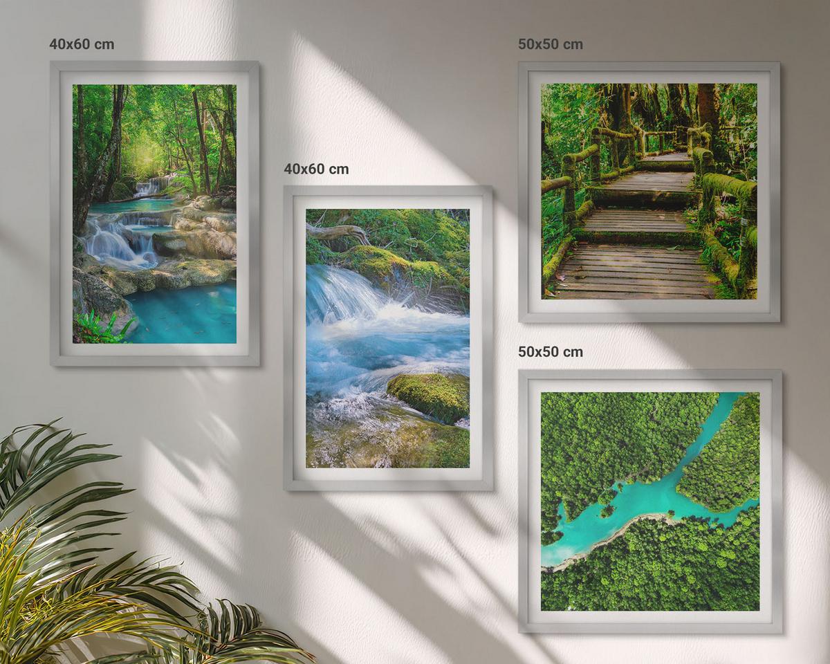 BILDER SET 4er Set - 50x50 cm & 40x60 cm Silberner Rahmen - Grüne Wälder, kristallklares Wasser - Silberfarben, Kunststoff (50/50cm) - TULUP