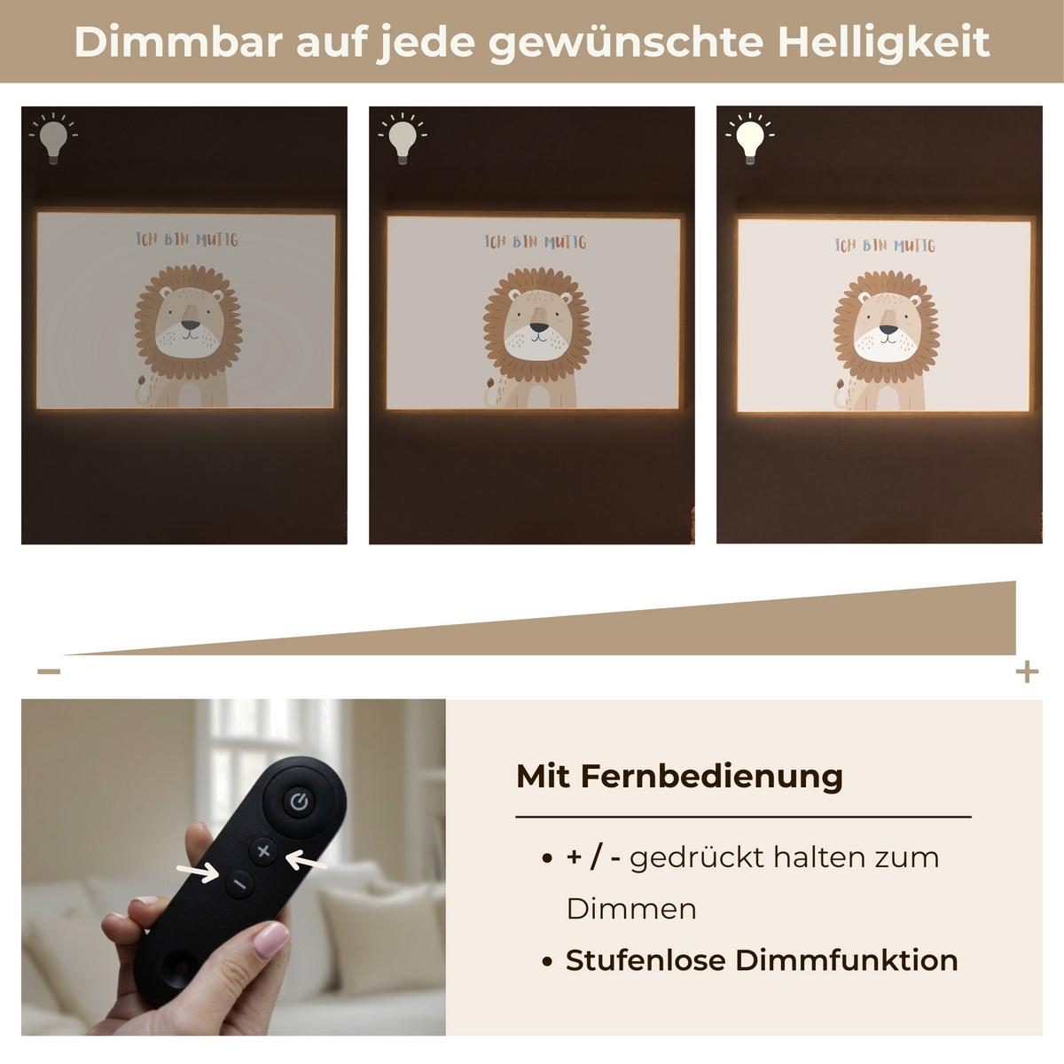 NACHTTISCHLAMPE MIT AKKU Löwe - Beige - Tier - Mutig - Zitat 100x70 cm - Beige, Holzwerkstoff (8/100/70cm) - OnlyWow