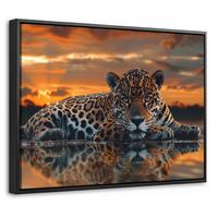 LEINWAND Bilder mit Rahmen - Natur - Leopard - Tier - Sonnenuntergang - Modern - 40x30 - Orange, Textil (40/30cm) - MuchoWow