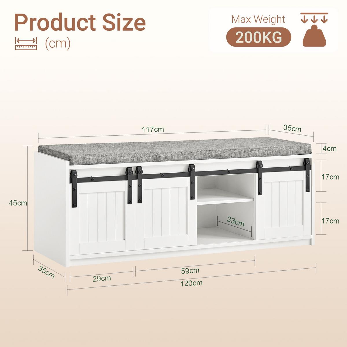 SCHUHBANK mit Sitzfläche 120x45x35cm Weiß, 3 Schiebetüren, Sitzfläche bis 200 kg, für Flur und Diele - Schwarz/Weiß, Holzwerkstoff/Metall (120/45/35cm) - SoBuy