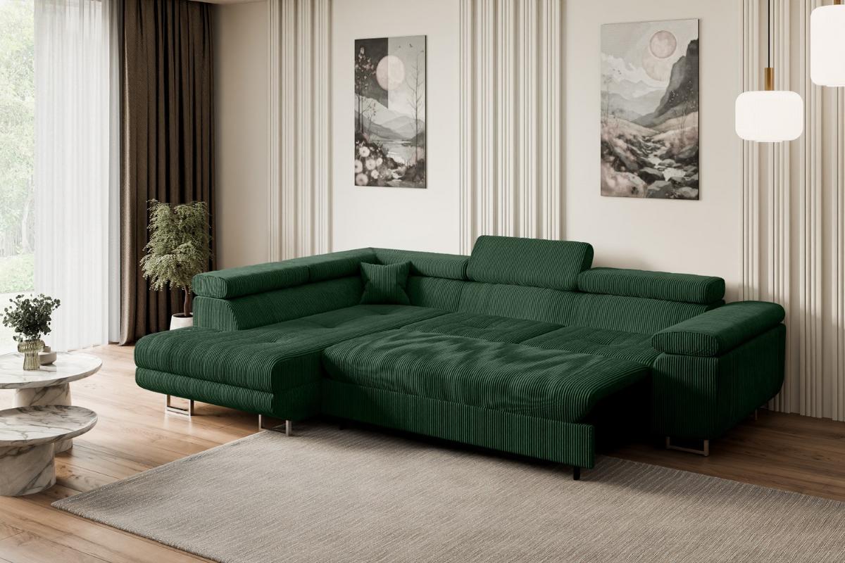 ECKSOFA mit Schlaffunktion und Bettkasten GUSA-L 272x202x107 cm Grün Cord - Silberfarben/Grün, Holzwerkstoff/Textil (202/272cm) - ALTDECOR