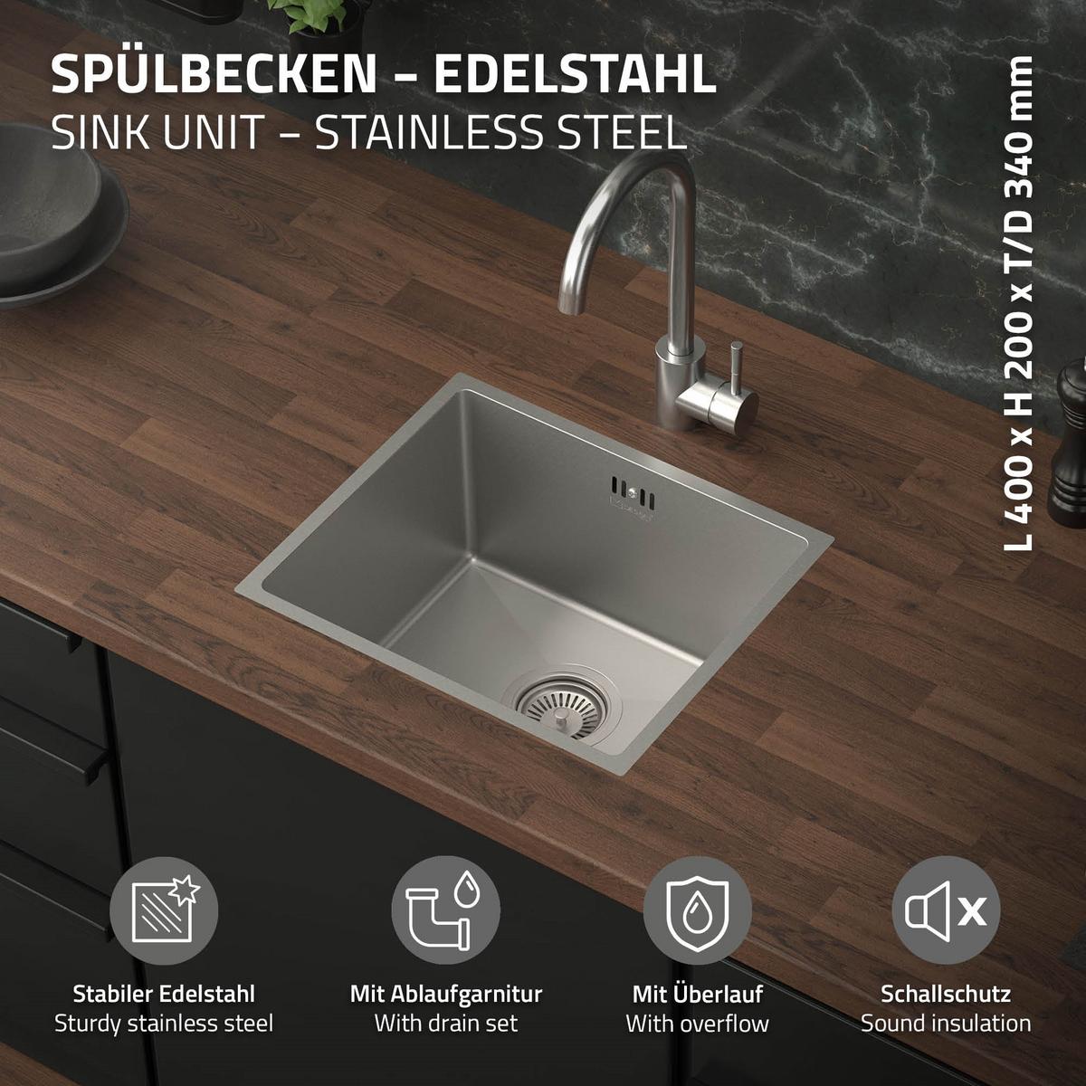 SPÜLBECKEN aus Edelstahl 34x40 cm mit Siphon - Silberfarben, Metall (40/20/34cm) - ML-DESIGN