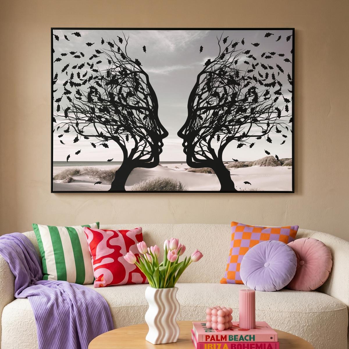 LEINWAND Bilder mit Rahmen - Strand - Meer - Menschen - Baum - Moderne Kunst - 140x90 - Hellgrau, Textil (140/90cm) - MuchoWow