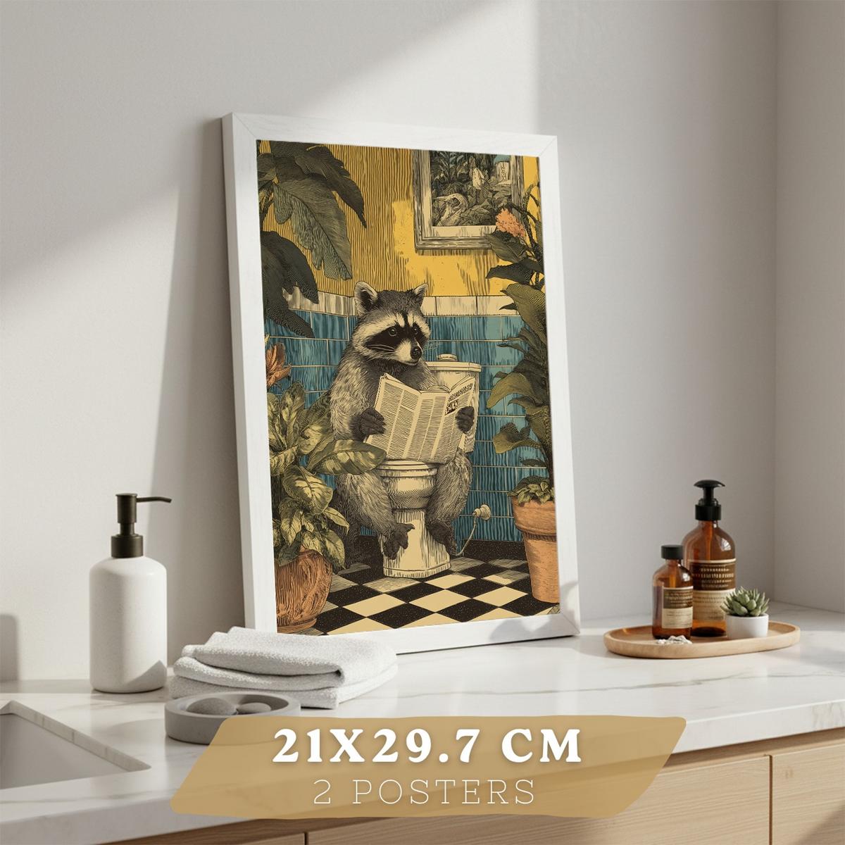 POSTER 2er-Set lustige Badezimmer-Kunstdrucke, Bilder mit lustigen Tieren auf der Toilette, witzige, Badezimmerdekoration, Dusche Weißer Rahmen A4 - Weiß, Papier (29.7/21/3cm) - Nacnic